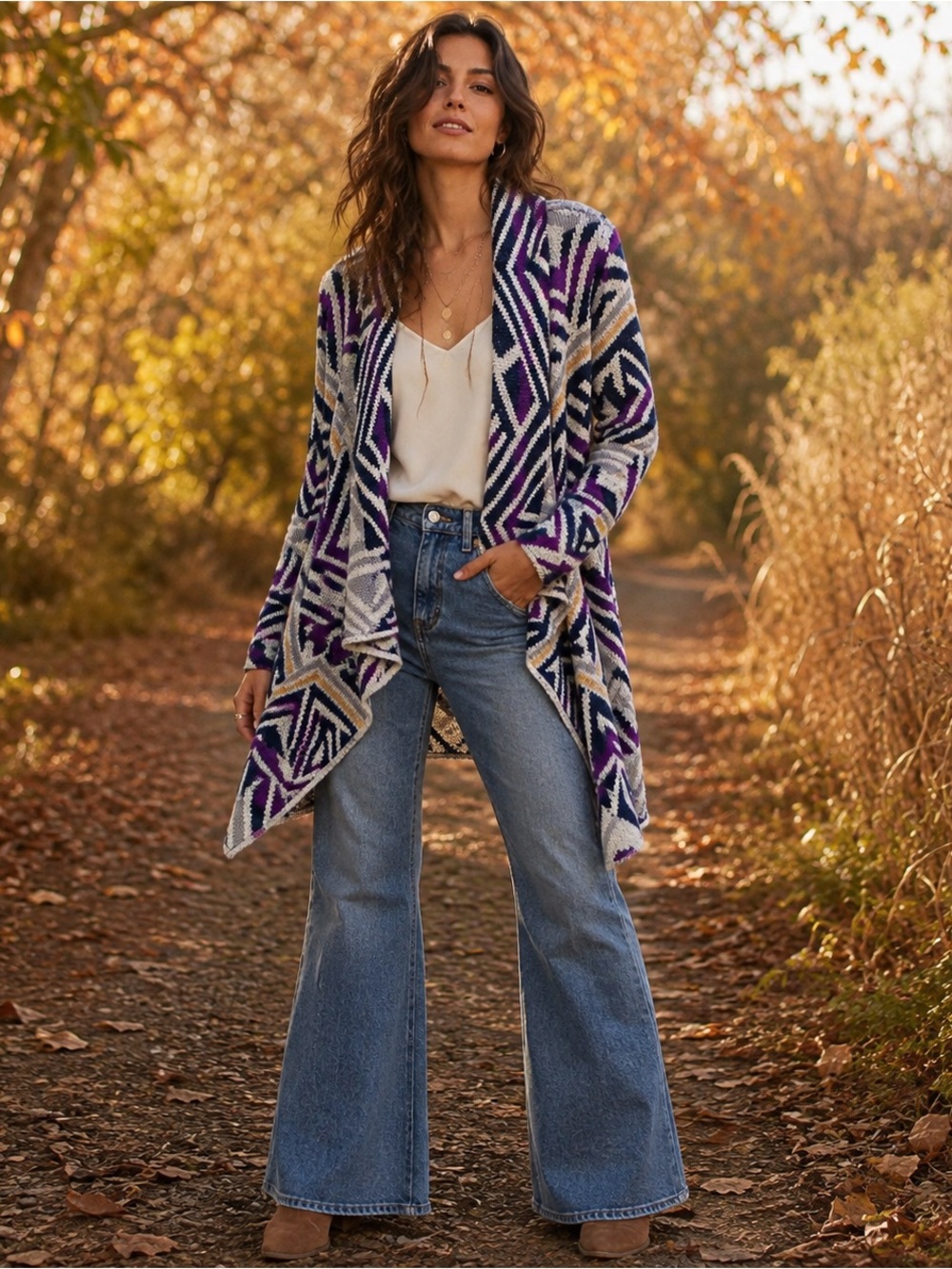 LUCKY BRAND ABSTRACT PURPLE YELLOW STRIPE ASYMMETRICAL LAGENLOOK CARDIGAN SZ S